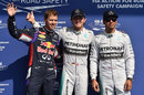Nico Rosberg is flanked by Sebastian Vettel and Lewis Hamilton in parc ferme after qualifying