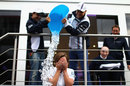 Felipe Massa and Valtteri Bottas pour water over team principal Claire Williams for the ALS Ice Bucket Challenge