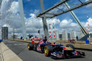 Max Verstappen drives his Toro Rosso across the Erasmus Bridge in Rotterdam