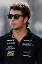 Sergio Perez takes part in a track walk at Monza on Thursday