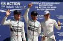 Pole-sitter Lewis Hamilton is flanked by Nico Rosberg and Valtteri Bottas in parc ferme