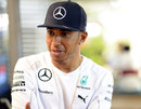 Lewis Hamilton talks during a Thursday media session