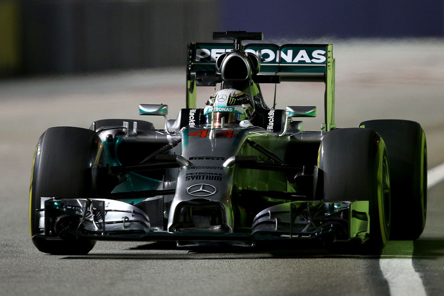 Lewis Hamilton approaches a corner 