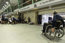 Sir Frank Williams watches on as Williams rehearses a pit stop