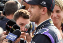 Sebastian Vettel talks to the media after qualifying
