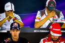 Felipe Massa, Adrian Sutil, Sebastian Vettel and Fernando Alonso during a sombre Sochi press conference