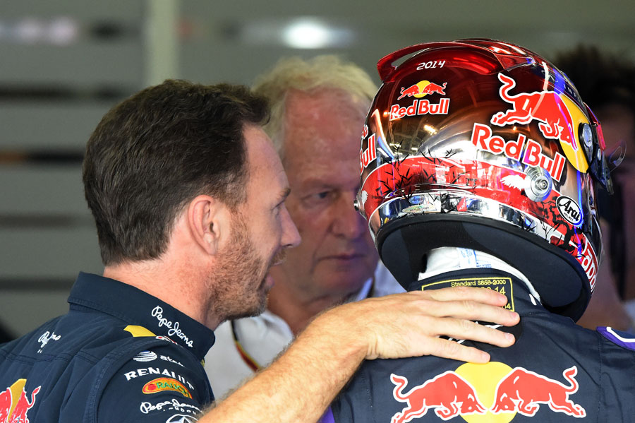 Christian Horner and Sebastian Vettel in the Red Bull garage