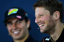 Romain Grosjean laughs during the FIA's press conference on Thursday