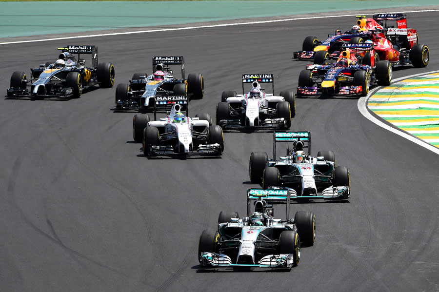 Nico Rosberg leads Lewis Hamilton at the start of the race