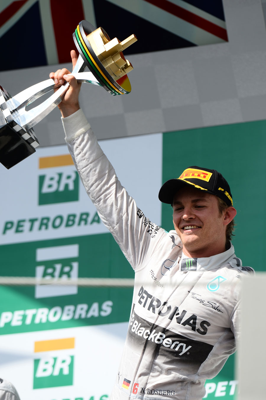 Nico Rosberg celebrates victory on the podium