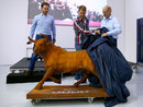 Sebastian Vettel unveils a bull statue on his farewell visit to Red Bull's factory with Christian Horner and Adrian Newey watching on