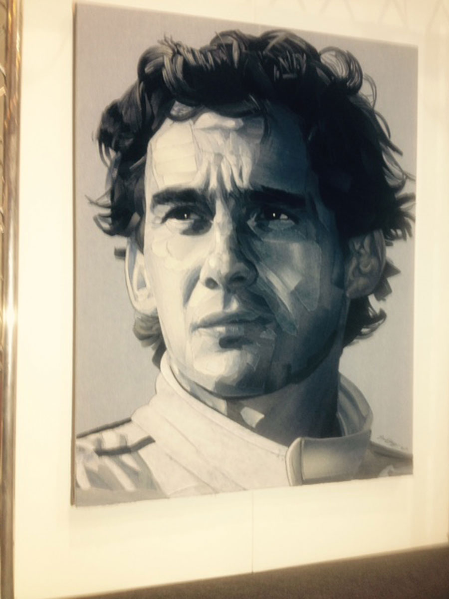 Ian Berry's portrait of Ayrton Senna, made entirely out of denim, on display at the Autosport International show