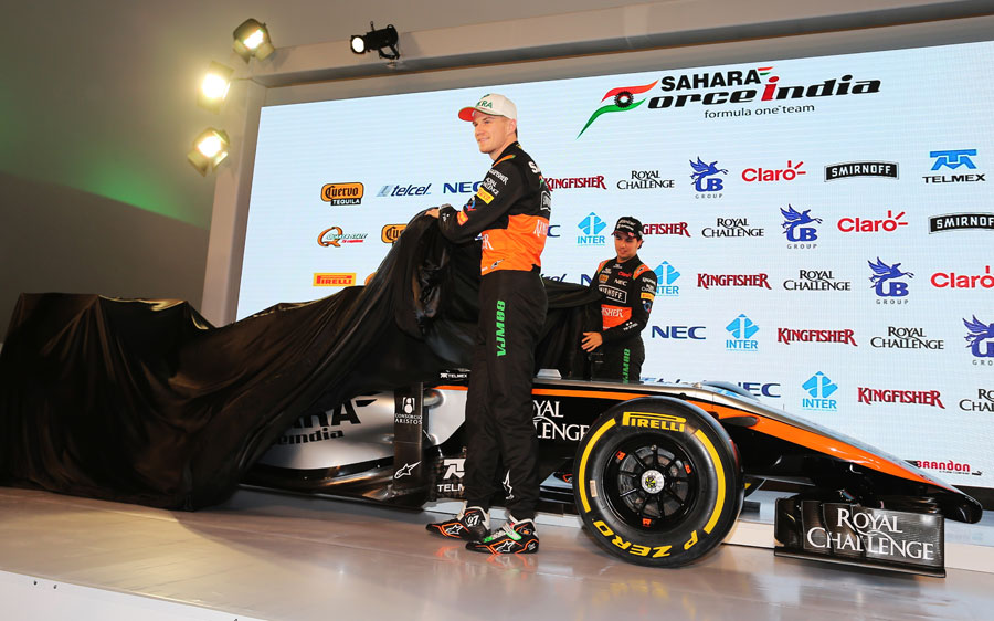 Nico Hulkenberg and Sergio Perez pull the covers off the Force India VMJ28 at its Mexico launch event