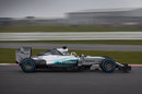 The new Mercedes W06 on track with Lewis Hamilton at the wheel