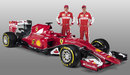 Kimi Raikkonen and Sebastian Vettel pose with the Ferrari SF15-T