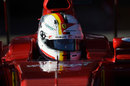 Sebastian Vettel wearing his new helmet ahead of his first day in the Ferrari SF15-T