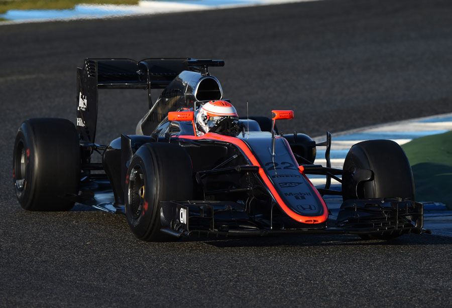 Jenson Button behind the wheel of the McLaren MP4-30 on Wednesday morning