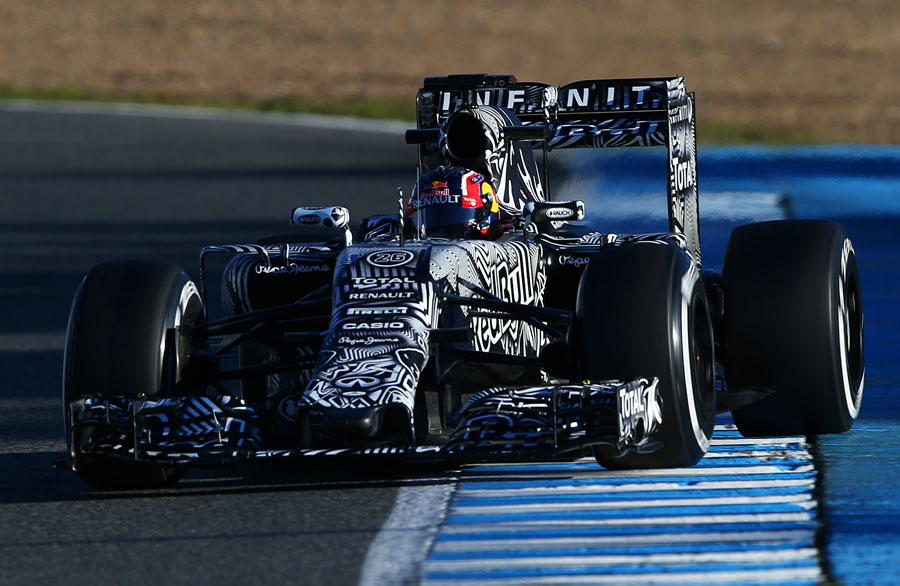 The back end of Daniil Kvyat's RB11 steps out on Wednesday