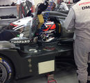 Nico Hulkenberg sits in the LMP1 Porsche 919 ahead of testing in Bahrain