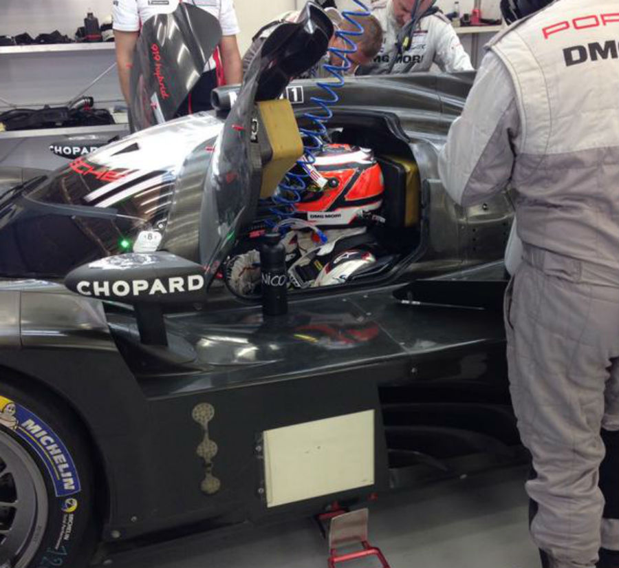 Nico Hulkenberg sits in the LMP1 Porsche 919 ahead of testing in Bahrain