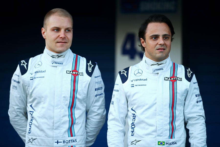 Valtteri Bottas and Felipe Massa pose for the cameras at the launch of the FW37
