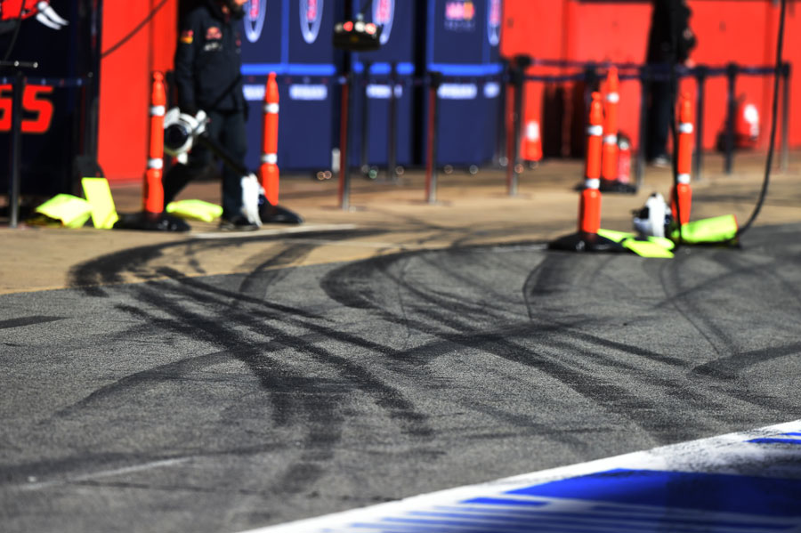 Skid marks at the Red Bull pit box