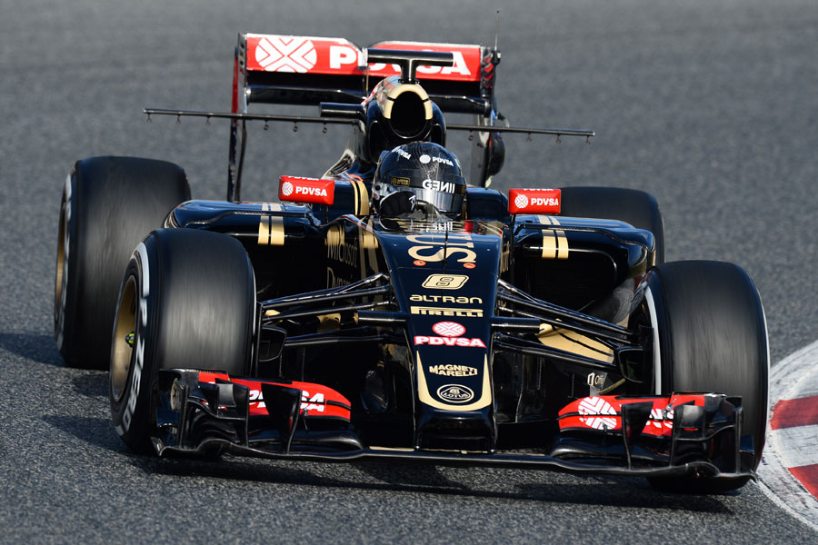 Romain Grosjean on track in the E23, with an aero sensor attached to its rear wing