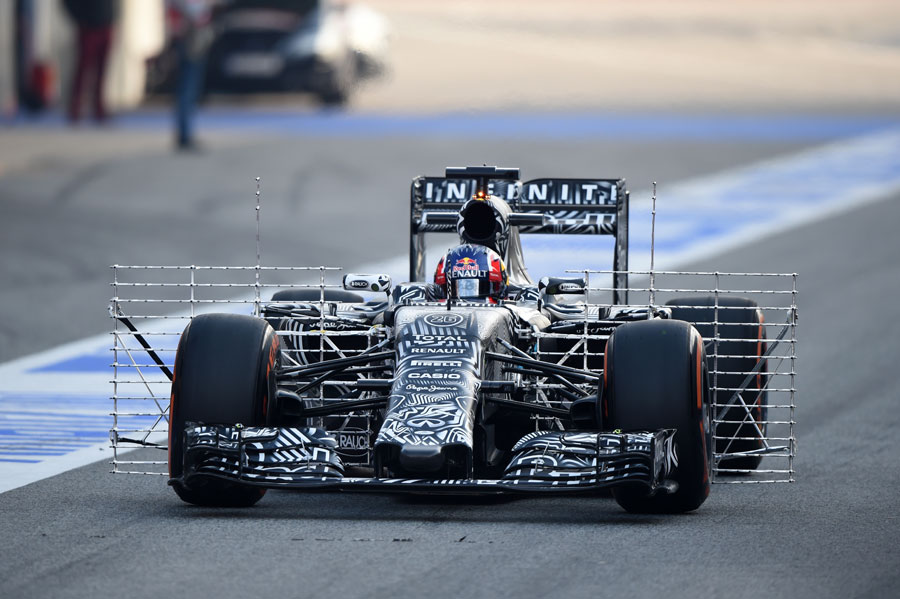 Daniil Kvyat leaves the pit lane in a Red Bull decked out with two aero sensors