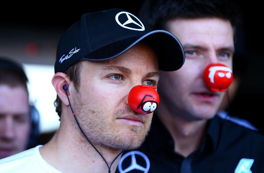 Nico Rosberg wearing a nose for Red Nose Day in the Mercedes garage before FP1