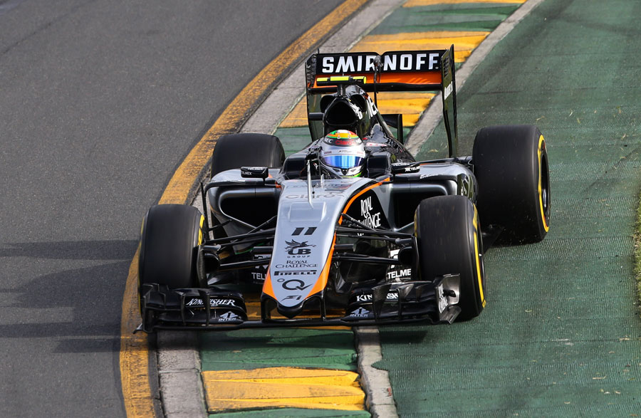 Sergio Perez pushes the limits of his Force India at Turn 1