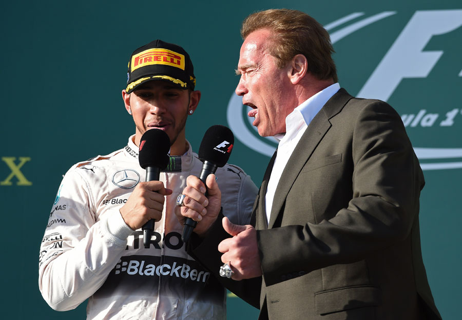 Lewis Hamilton and Arnold Schwarzenegger deliver a line of 
