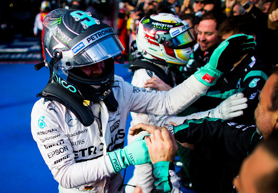 Nico Rosberg and Lewis Hamilton celebrate victory