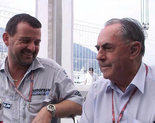 Minardi team owner Paul Stoddart (L) with Sir Jack Brabham