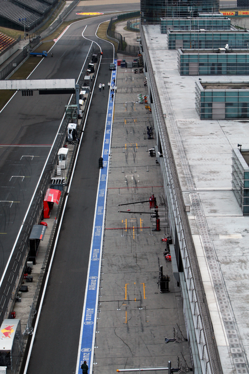 An empty pit lane at the Shanghai International Circuit