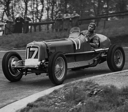Thai Prince Birabongse practices for a motor race at Crystal Palace, driving an ERA