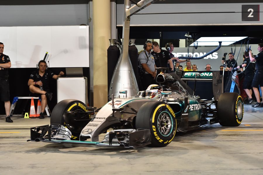 Lewis Hamilton pulls out of the Mercedes garage