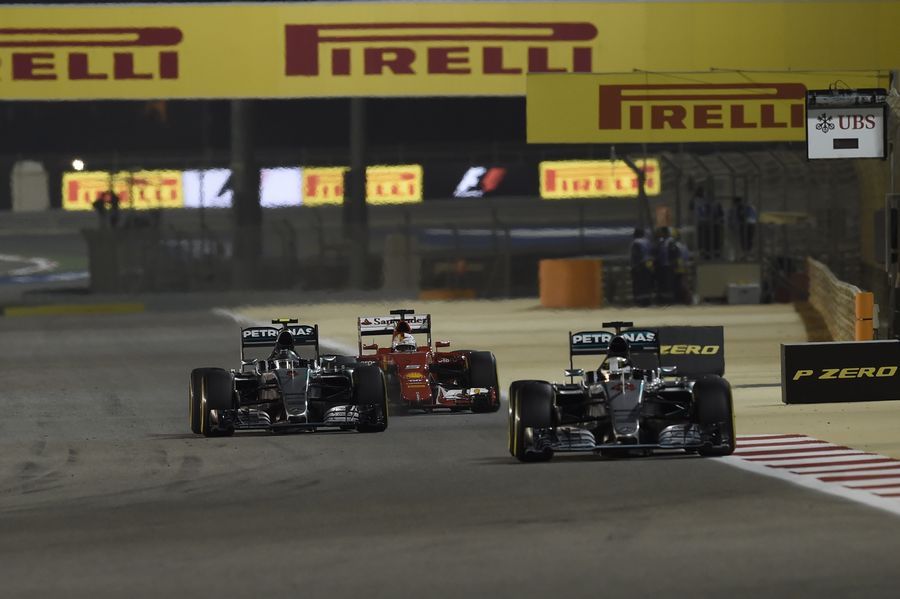 Lewis Hamilton leads Nico Rosberg and Sebastian Vettel