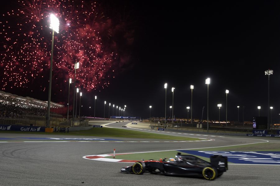 Fernando Alonso on track during fireworks after race