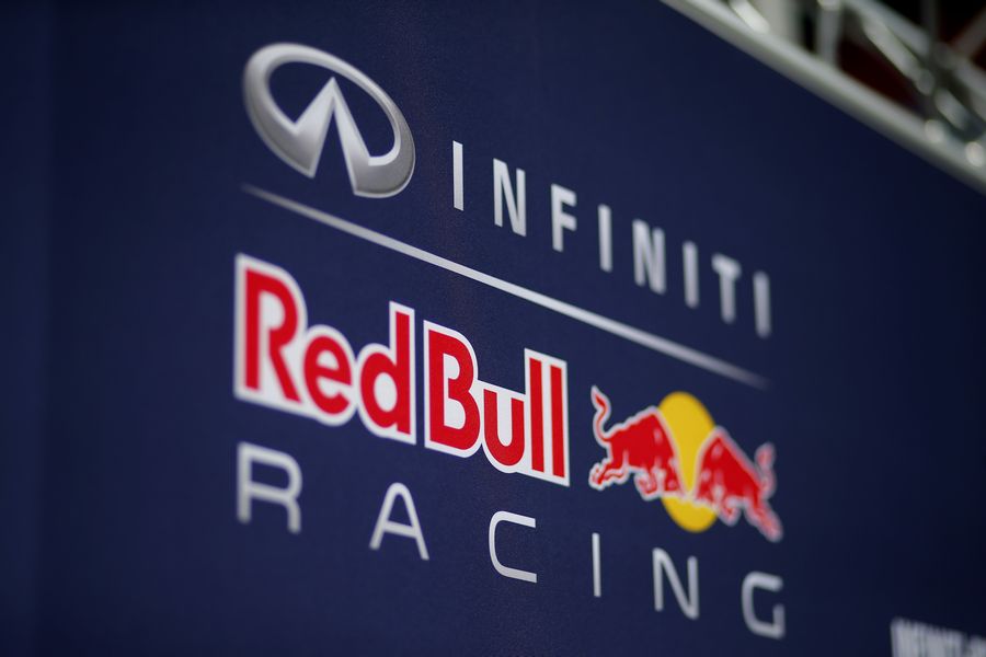 The Red Bull logo in the paddock