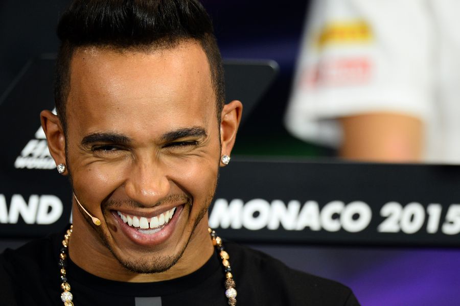 A smiling Lewis Hamilton during the Wednesday press conference