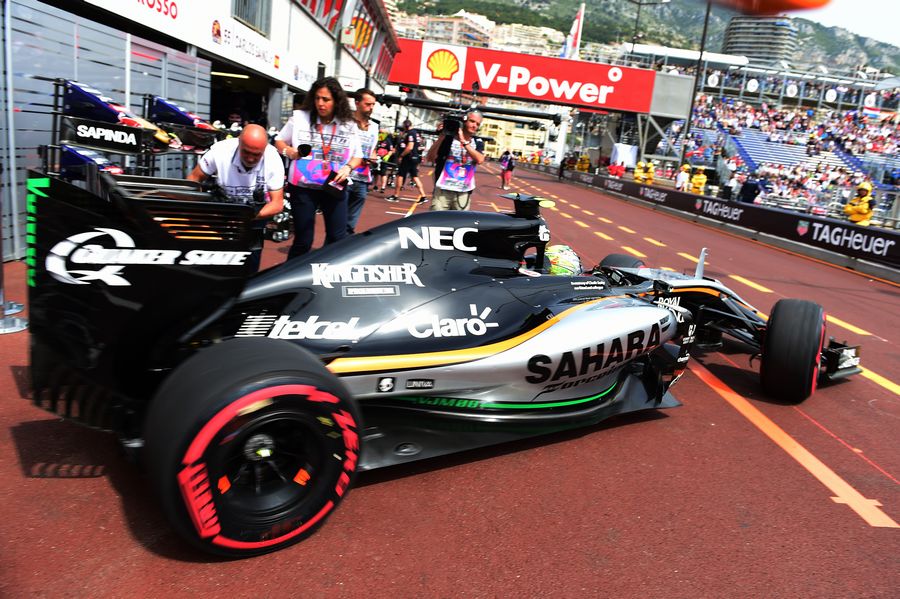 Sergio Perez leaves the garage
