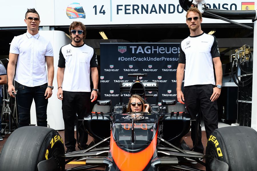 Fernando Alonso and Jenson Button pose with Christiano Ronaldo and Cara Delevingne