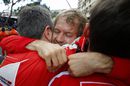 Sebastian Vettel celebrates with Ferrari for his second place in Monaco