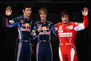 Mark Webber, Sebastian Vettel and Fernando Alonso pose for photos