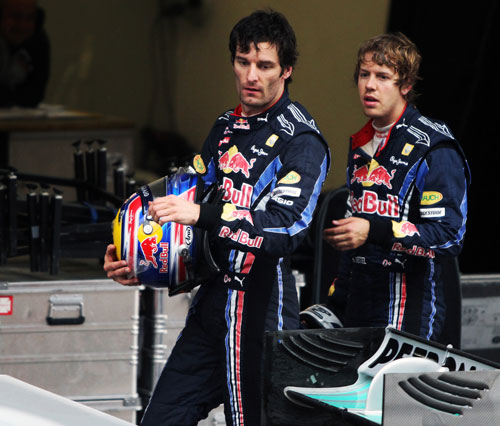 Mark Webber and Sebastian Vettel after a difficult race