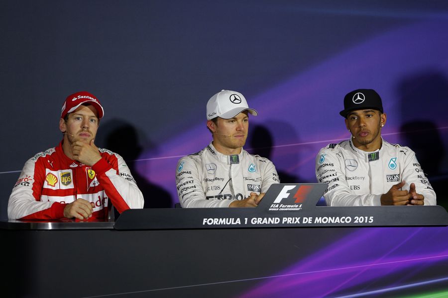 Nico Rosberg, Sebastian Vettel and Lewis Hamilton in the Press Conference after the race