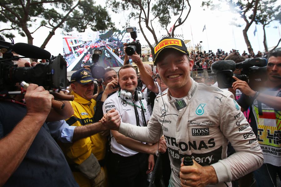 Nico Rosberg celebrates his win in the parc ferme