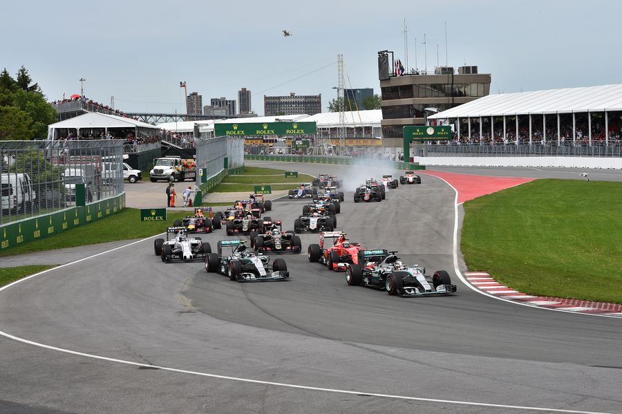 Lewis Hamilton leads the field at the race start