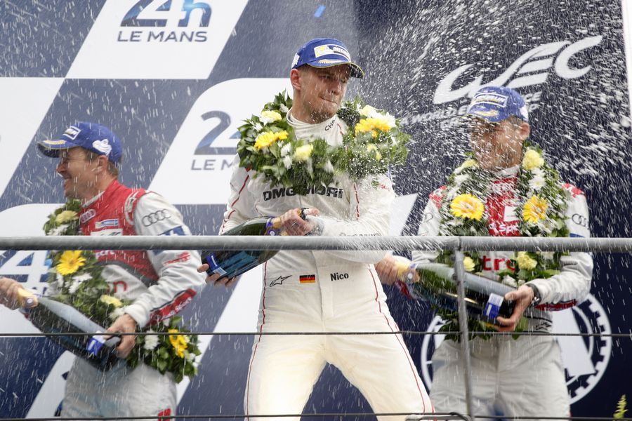 Nico Hulkenberg, Earl Bamber and Nick Tandy celebrate Le Mans 24 Hours win