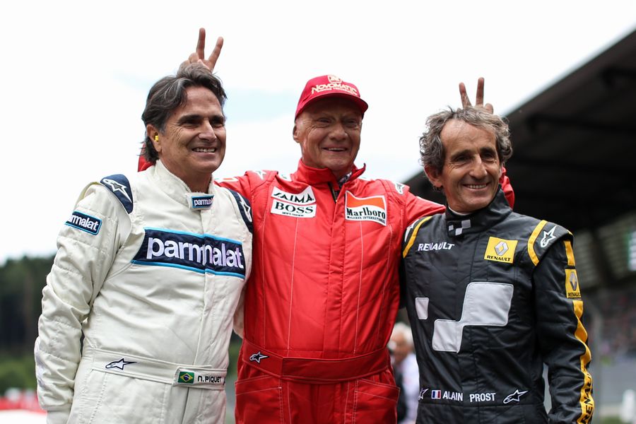 Alain Prost, Nelson Piquet and Niki Lauda at the Legends Parade